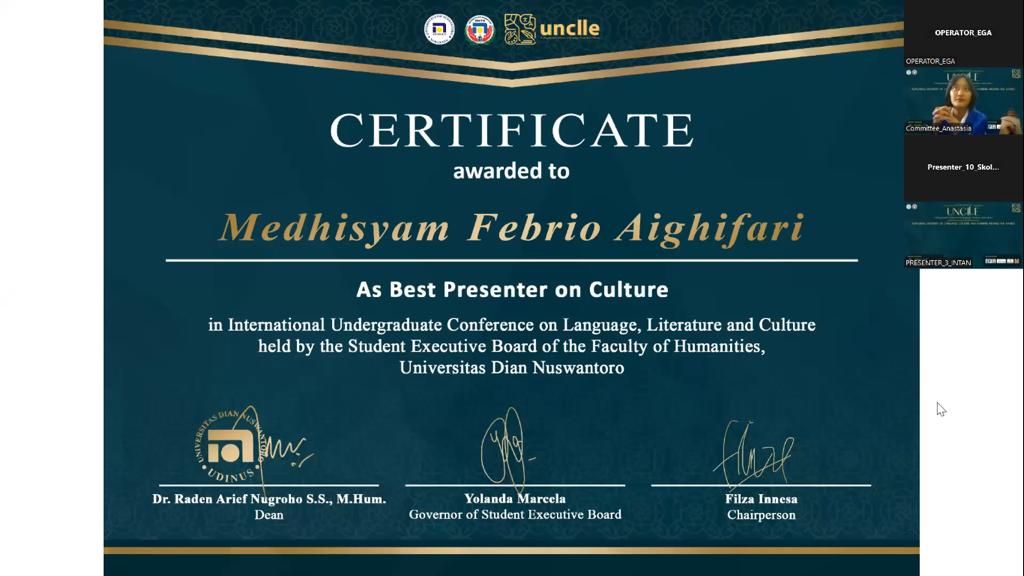 Penyerahan sertifikat best presenter on Culture